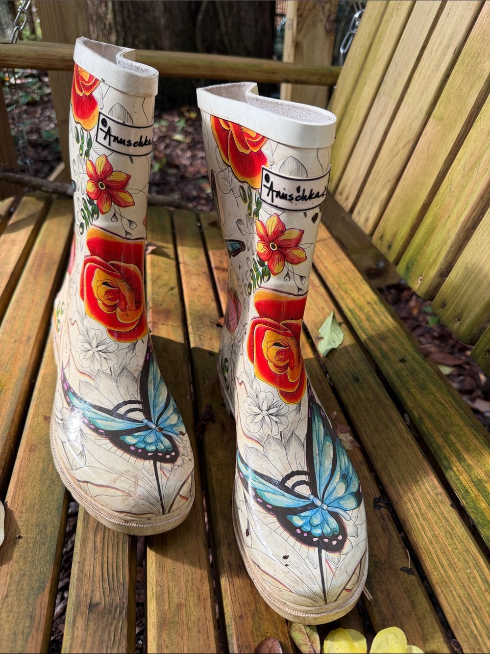 Anuschka Cream Rain Boots with Blue Butterfly & Orange Floral Design 10 women - Picture 3 of 8